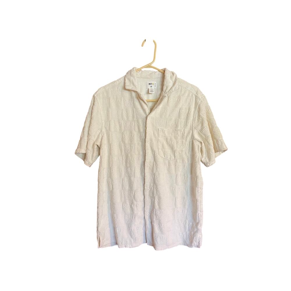 H&M Smiley Face Shirt Mens S White Textured Terry Button Up Camp Collar